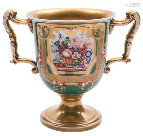 A 19th century English porcelain two-handled pedestal vase: with acanthus scroll handles,