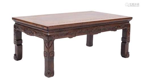 A Chinese carved Hua Li wood rectangular low urn table:,