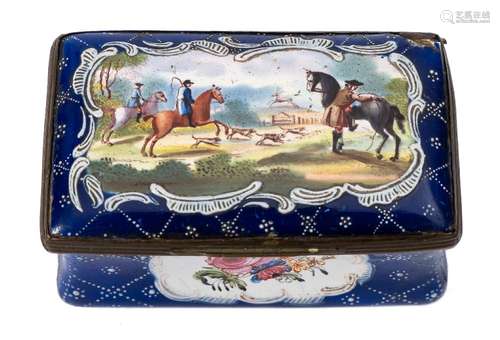 A late 18th century enamel oblong box: decorated with a hunting scene and floral sprays on a