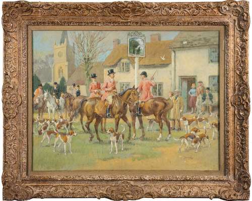 * Jack Orr [1890-1961]- The Meet; huntsmen and foxhounds outside The Green Man,