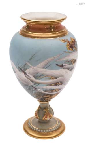 A Royal Worcester vase painted by Charles Baldwyn: of ovoid form and spreading foot,