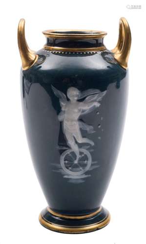 A small Minton pate-sur-pate two-handled vase by Alboin Birks: decorated with an allegorical