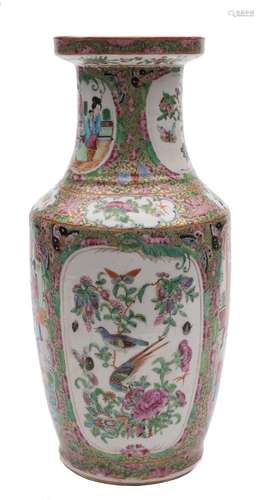 A Canton famille rose vase: of baluster form with waisted neck,