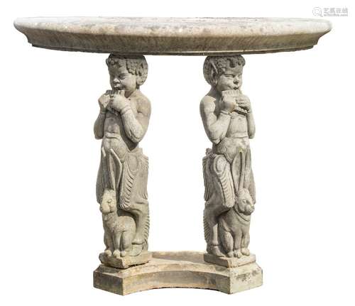 A hardstone half round table: raised on associated stiles of satyrs playing pan pipes with hares at