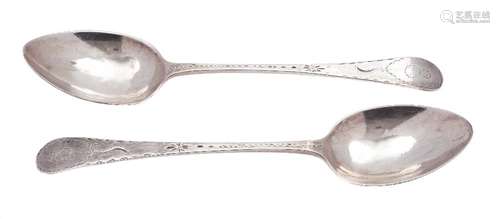 A pair of George III provincial silver Old English pattern table spoons, maker Richard Ferris,