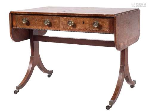 A George III mahogany and inlaid sofa table:, bordered with boxwood lines,