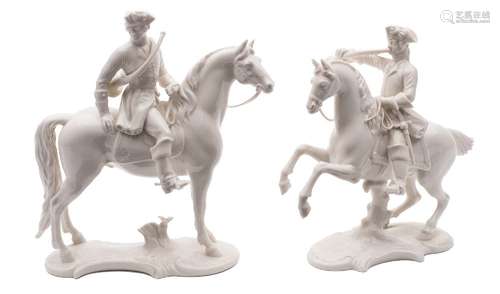 Two Nympenburg white porcelain equestrian figures of huntsmen: after 18th century originals,