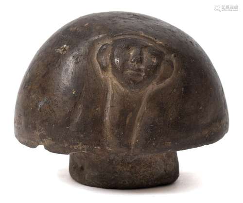 A pottery canopic jar lid: in the form of a human head wearing a false wig, circa 18th Dynasty,