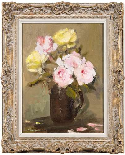 * Edward Wesson [1910-1983]- Still life; roses in a vase,:- signed bottom left oil on board,