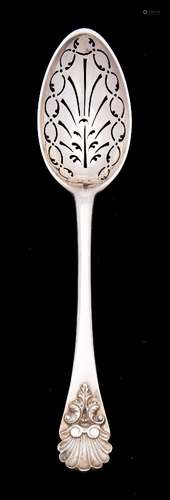 A mid 19th century Dutch silver Hanoverian and shell pattern straining spoon, maker HA: crested,