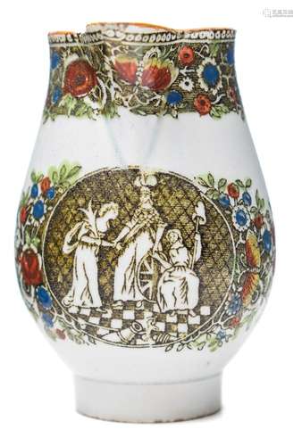 A 'Pratt' pearlware cream jug: painted and transfer printed with Brittania and attendants flanked