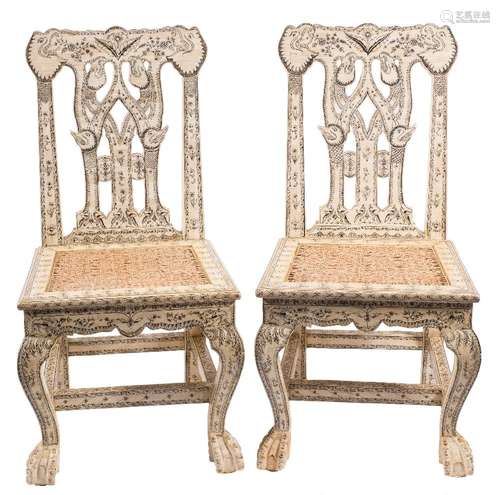 A pair of Anglo-Indian style camel bone veneer dining or side chairs:,