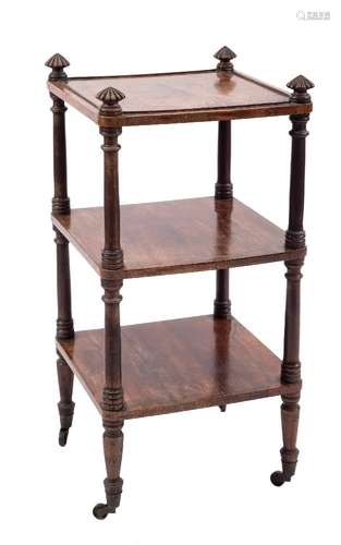 A Regency rosewood square three tier whatnot:, with reeded pointed finials and ring turned uprights,