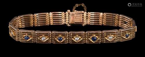 An Edwardian sapphire and diamond seven-bar gate-link bracelet: each link set with either a single