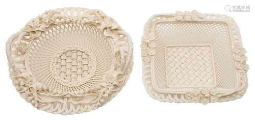 Two Belleek baskets: one of circular three-strand shape, the other four-strand square form,