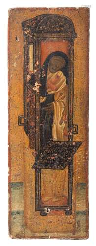 A Continental painted pine panel: depicting a religious weeping figure in a shrine,