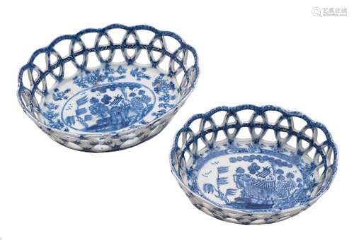 A Bow blue and white oval basket and one similar: of flared lattice work form,