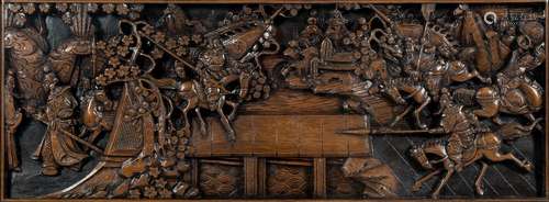 A Chinese carved wood panel: depicting mounted figures charging towards a bridge,