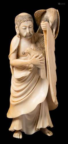 A Japanese carved ivory okimono: depicting a monk protecting a dove from an eagle,