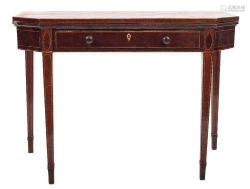 An early 19th Century mahogany and inlaid tea table:, of rectangular canted outline,