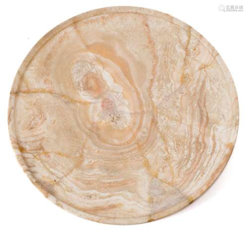 A large alabaster shallow offering dish: with gently sloping sides to an inverted rim 37cm diameter