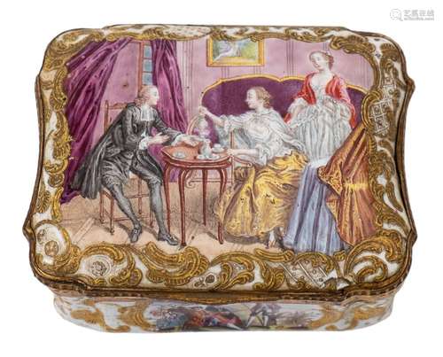 A fine 18th century German enamel snuff box: of shaped rectangular form with gilt-metal mounts,