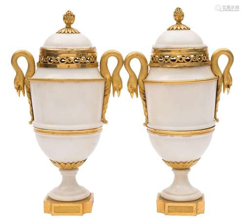 A pair of 19th century French ormolu mounted and white marble cassolettes: of classical urn-shaped