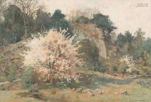 Alfred Heaton Cooper [1864-1929]- A scene near Grasmere, sheep grazing by a meadow by a cliff,