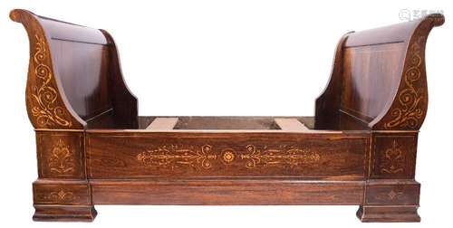 A 19th Century French rosewood and marquetry Lit en Bateau:,