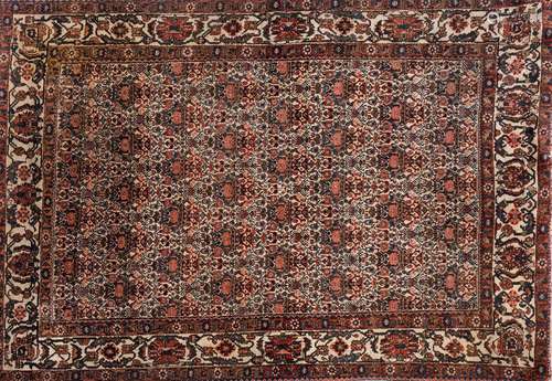 An Afshar rug:, the beige field with a repeated geometric floral design,