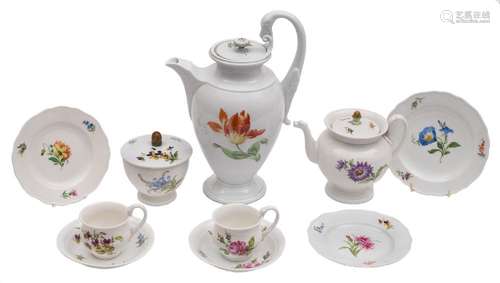 A Meissen 'Swan-neck Handle' matched tea and coffee service: the teapot with 'Snake Handle' and