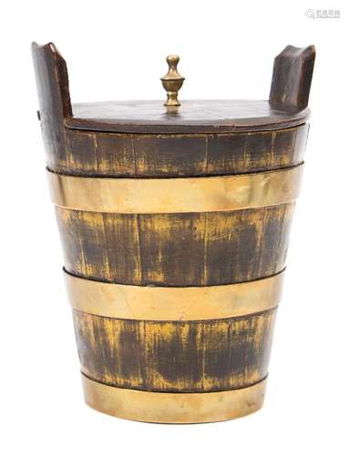 A 19th century Freisland wood and brass bound bucket and cover: of tapered cylindrical outline,