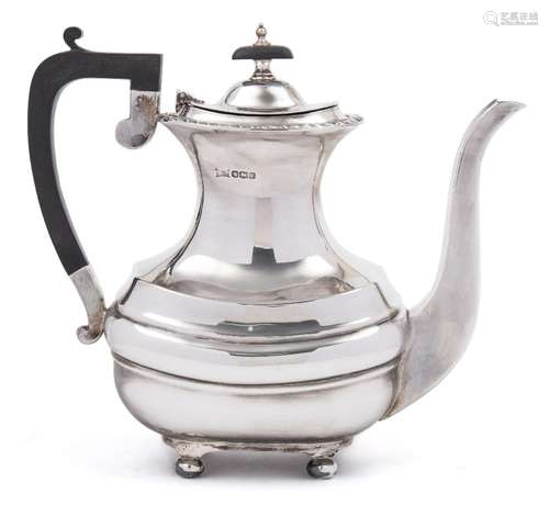 A George V silver coffee pot, maker Walker & Hall, Sheffield, 1932: of barge -shaped outline,