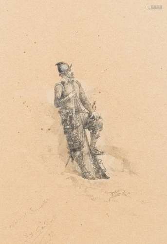 Pierre Arthur Gaillard [19th Century]- Sentry with helmet, breastplate and rifle,:- signed,