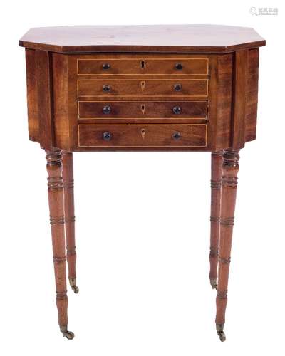 A Regency mahogany and inlaid octagonal work table:, bordered with boxwood lines,