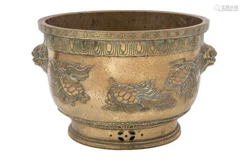 A Japanese bronze jardiniere: of circular outline with Greek key pattern border,