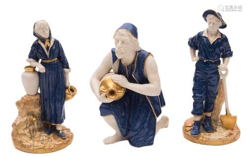 A pair of Royal Worcester figures and one similar: each decorated in powder blue and gilt,