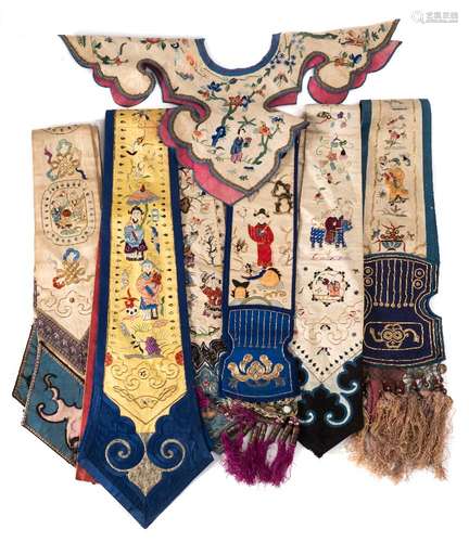 A collection of late 19th/early 20th century Chinese embroidered tunic panels: including a collar