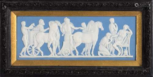 A Wedgwood pale blue jasper ware plaque: of rectangular form and modelled after the original by