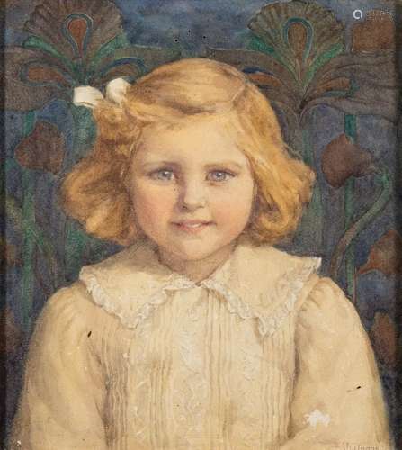 Maria L Angus [19/20th Century]- Portrait of a young girl with Art Nouveau screen,