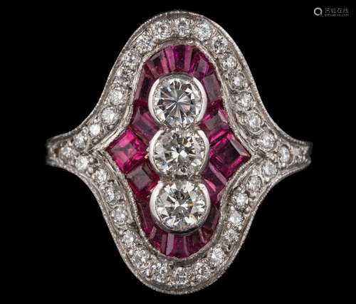 An Art Deco ruby and diamond cluster ring: with central row of round brilliant-cut diamonds within