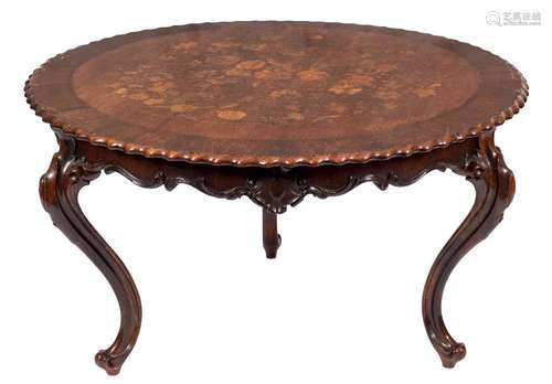 A Victorian carved rosewood and floral marquetry circular centre table:,