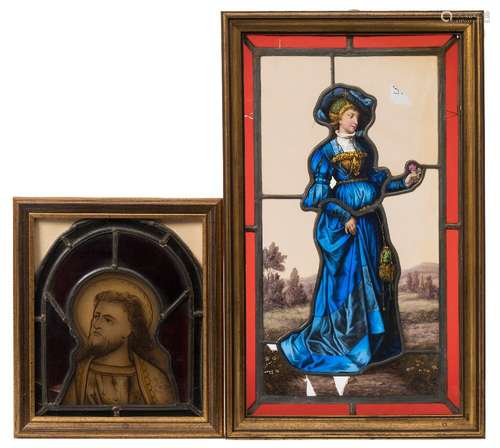 A Victorian stained glass panel: of rectangular outline,