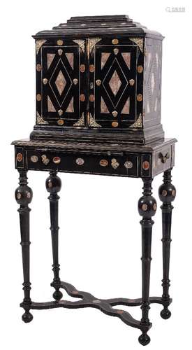 An 18th Century Italian ebonised, ivory and marbled cabinet on a later stand:,