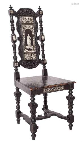 A 19th Century Italian carved ebonised and ivory marquetry inlaid hall chair:, bordered with lines,