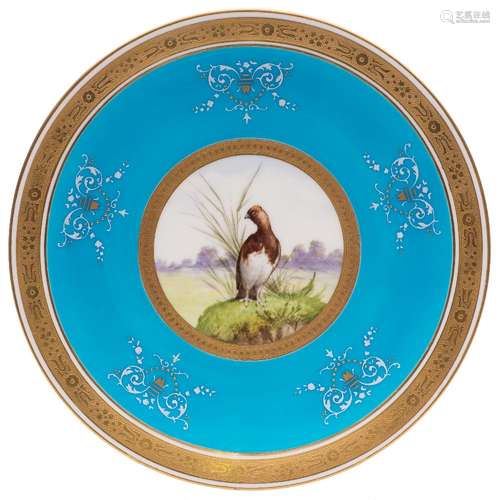 A Minton porcelain 'game bird' plate: the centre painted with a circular panel depicting a