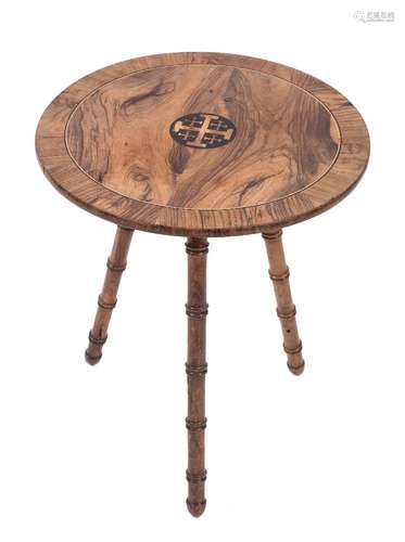 An olive wood and inlaid circular occasional table:,