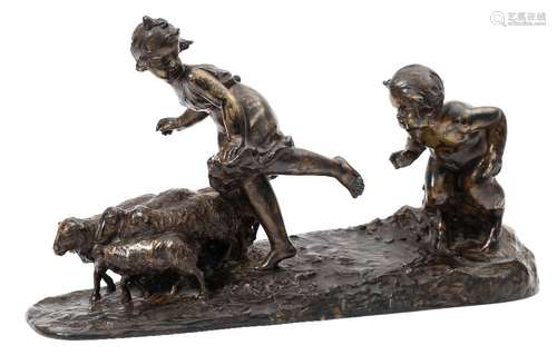 Joblinger, a 19th century bronze group: depicting a Satyr pursuing a shepherd girl with sheep,