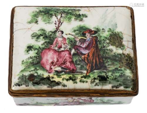 An 18th century German enamel gilt-metal mounted rectangular snuff box: decorated with romantic