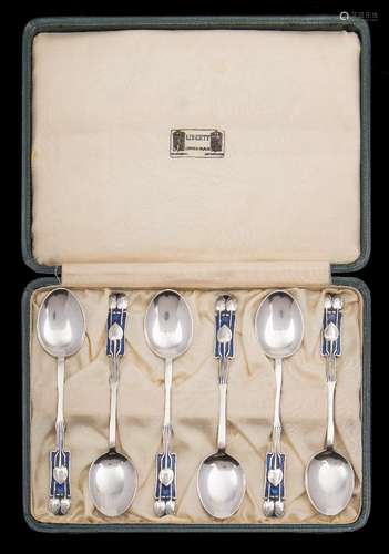 Liberty & Co, a set of six George V silver and enamel coffee spoons, Birmingham, 1928: 11.5cm.